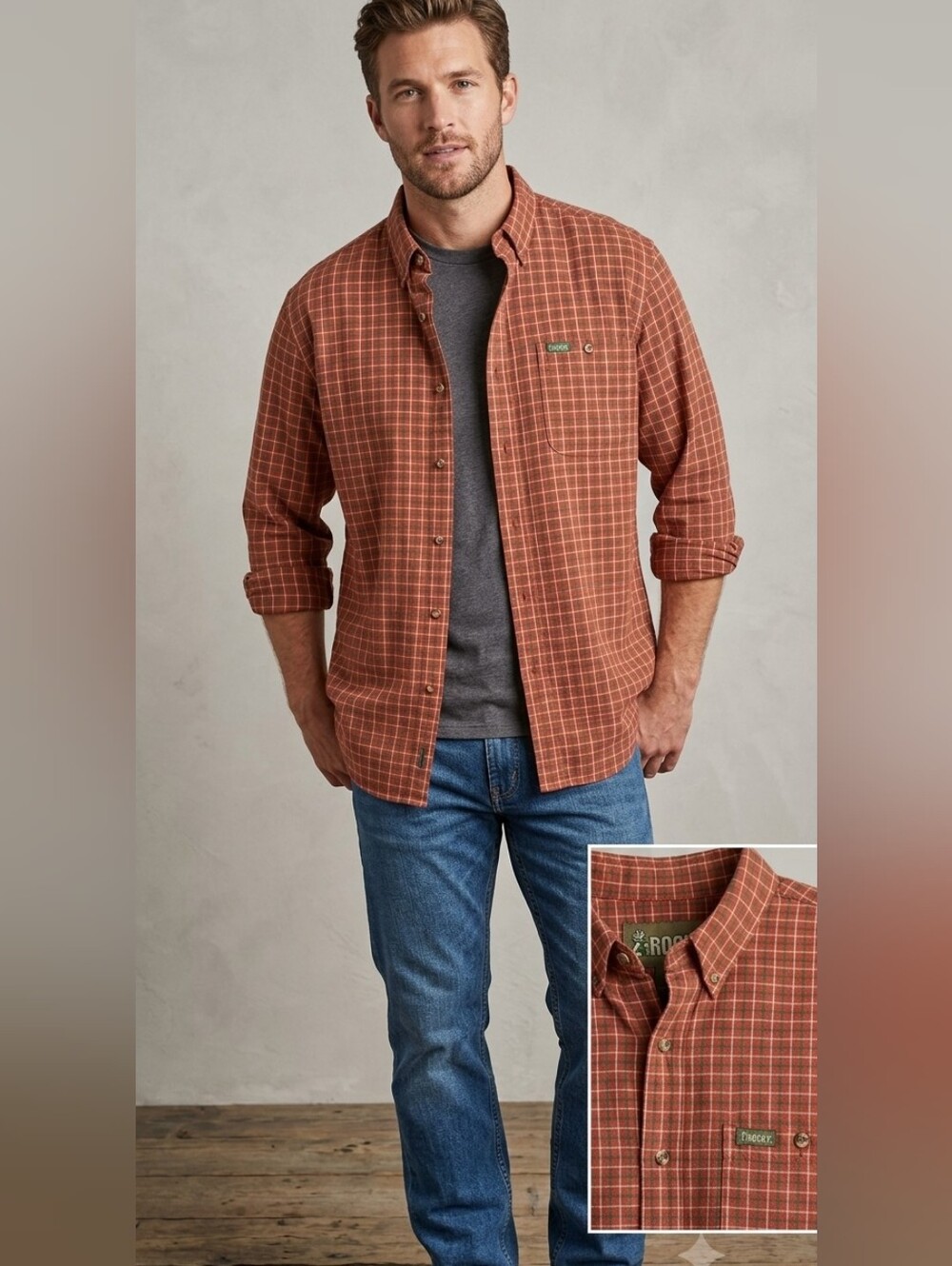 Rocky Men's Rust Plaid Button-Down Shirt 100% Cotton XL